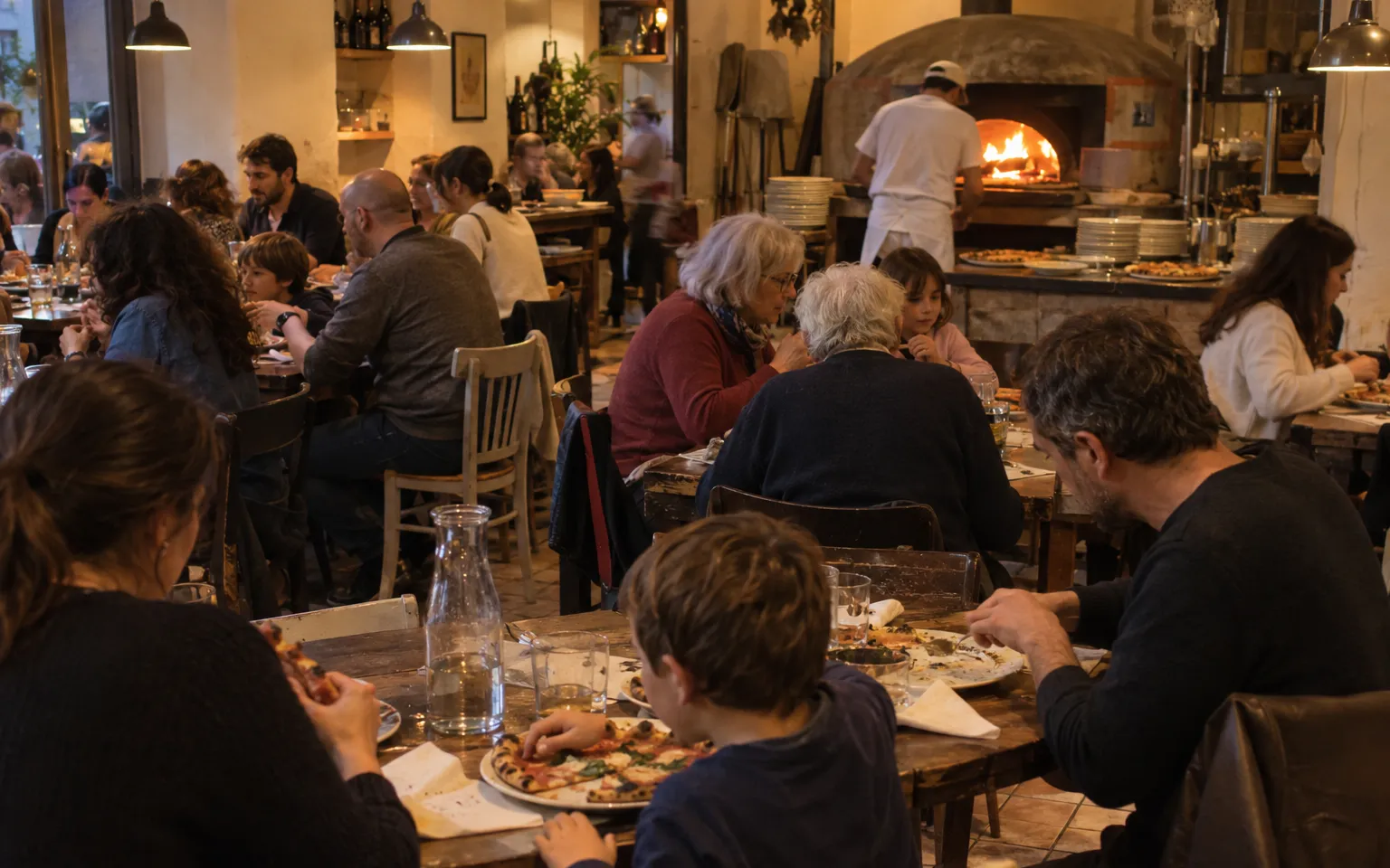 Pizzeria di quartiere affollata, con il forno a legna sul fondo